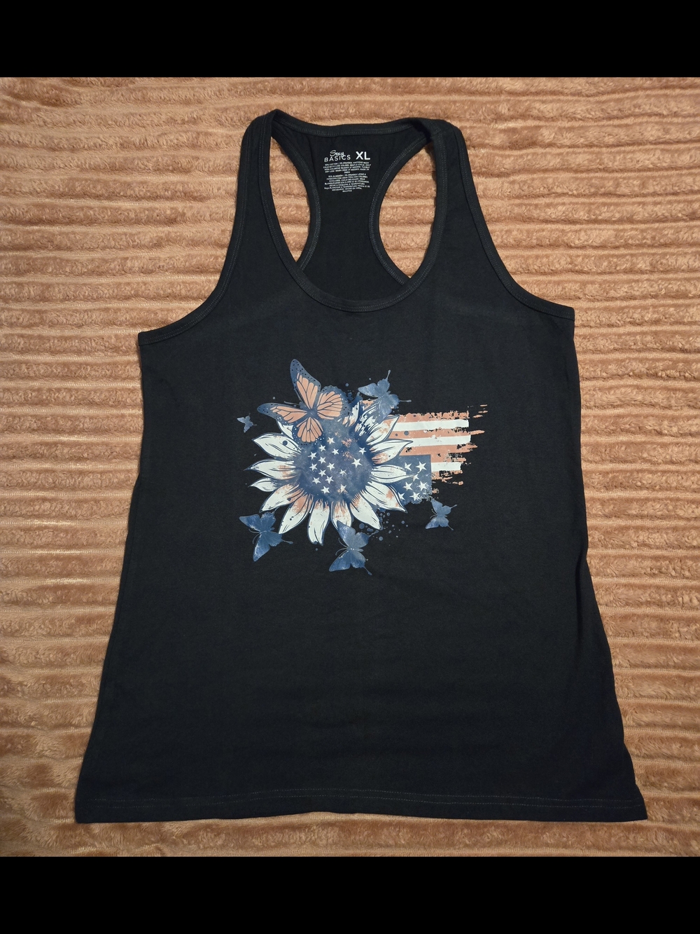 Buy 2 Get 1 Free!!    Navy Blue, Women's Tank Top with Flag Sunflower Graphic